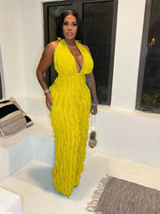 Plunge Neck Textured Maxi Jumpsuit