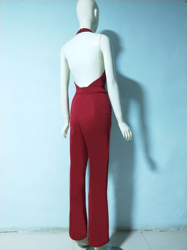Jumpsuits Women Sexy Playsuits Deep V-neck Sleeveless Halter Neck Backless High Waist Wide Leg Jumpsuit Elegant Party Banquet