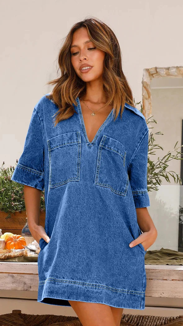 Fashion Denim Dress Casual V Neck Short Sleeve Loose Distressed Jean Dress 2024 Spring Summer Street Style Dresses Female