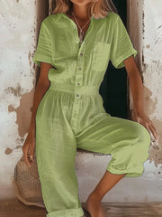 Women's Jumpsuit Summer Fashion European And American Women's Casual Short Sleeved Solid Color Button Up Shirt Loose Jumpsuit