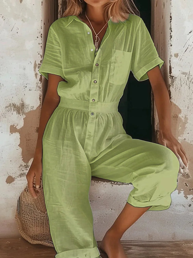 Women's Jumpsuit Summer Fashion European And American Women's Casual Short Sleeved Solid Color Button Up Shirt Loose Jumpsuit