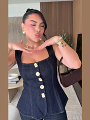 Women Vintage Denim Top Pant Set Square Collar Single Breasted Tank High Waist Jeans Female Sets 2025 Fashion Y2k  Denim Outfits
