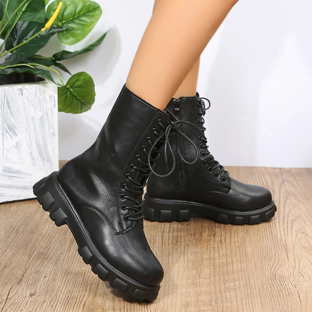 Boots Women 2022 Autumn Winter PU Leather White Ankle Boots Motorcycle Botines Female Chunky Heels Platform Boots Botas Mujer
