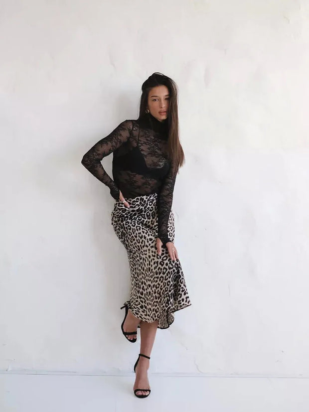 Vintage Leopard Print Satin High-Waist Skirt