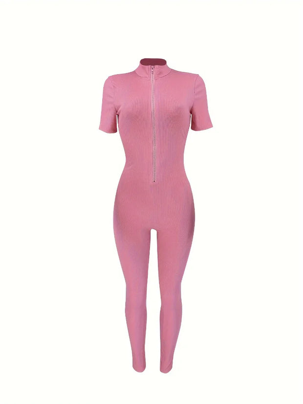 Curve-Hugging Zip-Front Casual Jumpsuit