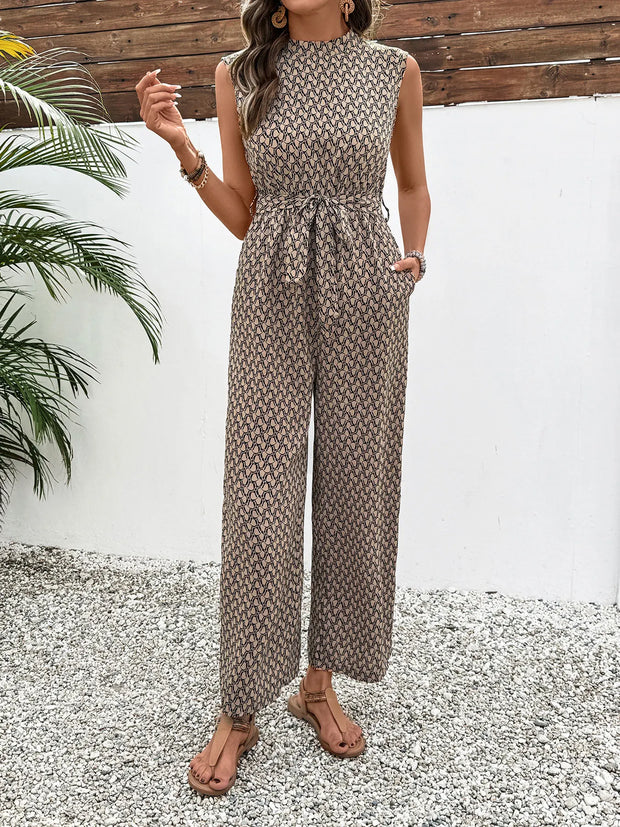 Boho Print Sleeveless Tie-Waist Jumpsuit