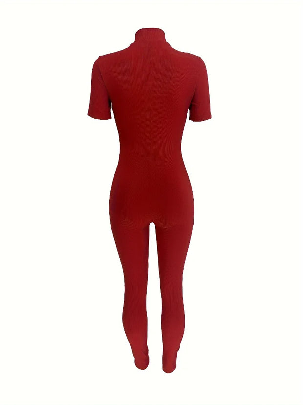 Curve-Hugging Zip-Front Casual Jumpsuit