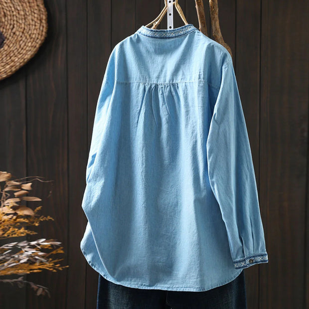 Elegant blouses for women 2025 summer ethnic long sleeve embroidery denim shirts and blouses jean shirts Y2K vintage top