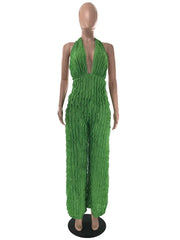 Plunge Neck Textured Maxi Jumpsuit