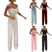 Women Jumpsuit Feather Tube Top Sexy Evening Party Jump Suits Sleeveless High-waisted Straight Playsuits Night Clubwear Overalls