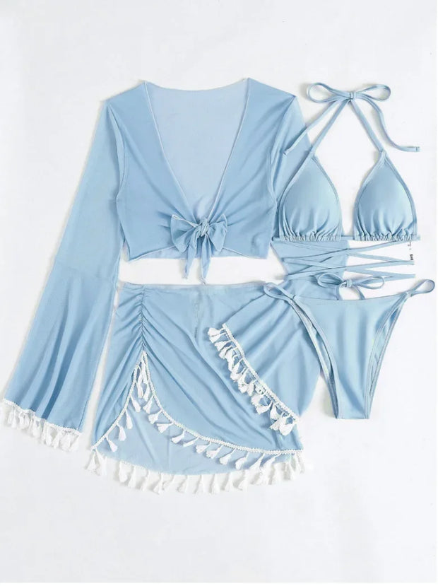 Tassel Tie Bikini Set with Cover-Up