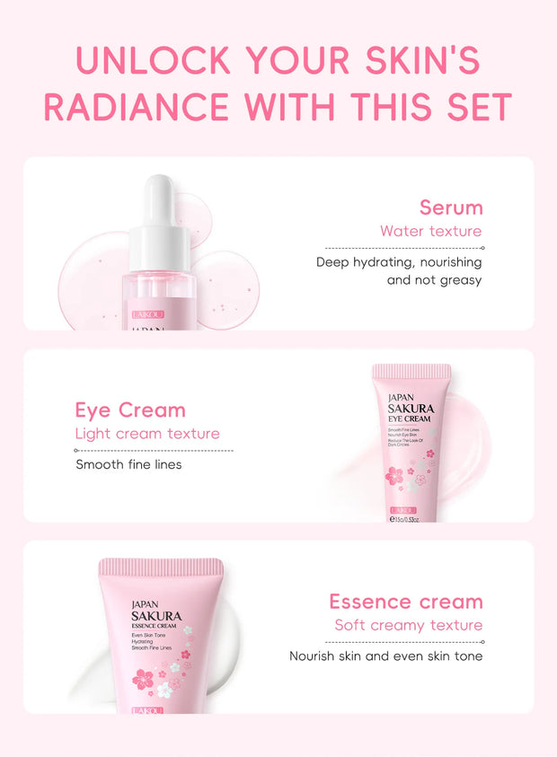3pcs/set Sakura Skin Care Sets Face Cream Serum Eye Cream Face