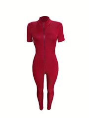 Curve-Hugging Zip-Front Casual Jumpsuit