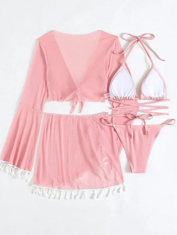 Tassel Tie Bikini Set with Cover-Up