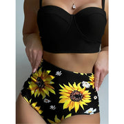 Sunflower Print High-Waist Bikini Set