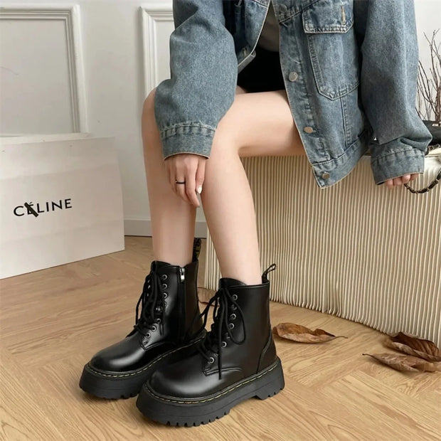 Women Boots Goth Casual Shoes Woman Leather Chelsea Classic Motorcycle Female Goth Shoes High Platform Boots Women Botas Mujer