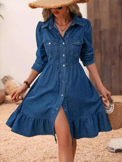Fashion Ruffles Women Blue Denim Dress