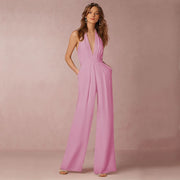 Jumpsuits Women Sexy Playsuits Deep V-neck Sleeveless Halter Neck Backless High Waist Wide Leg Jumpsuit Elegant Party Banquet