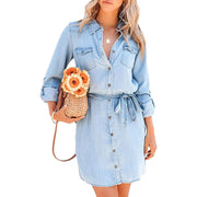 Fashion Women Casual Denim Dress Solid Color Long Sleeve Button-Down Lapel Short Dress with Belt Shirts Dress
