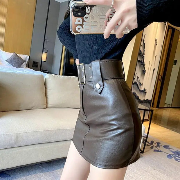 High-Waist Faux Leather Mini Skirt with Belt