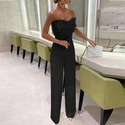 Women Jumpsuit Feather Tube Top Sexy Evening Party Jump Suits Sleeveless High-waisted Straight Playsuits Night Clubwear Overalls