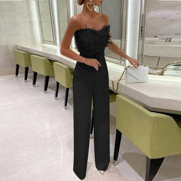 Women Jumpsuit Feather Tube Top Sexy Evening Party Jump Suits Sleeveless High-waisted Straight Playsuits Night Clubwear Overalls