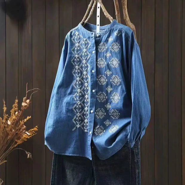 Elegant blouses for women 2025 summer ethnic long sleeve embroidery denim shirts and blouses jean shirts Y2K vintage top