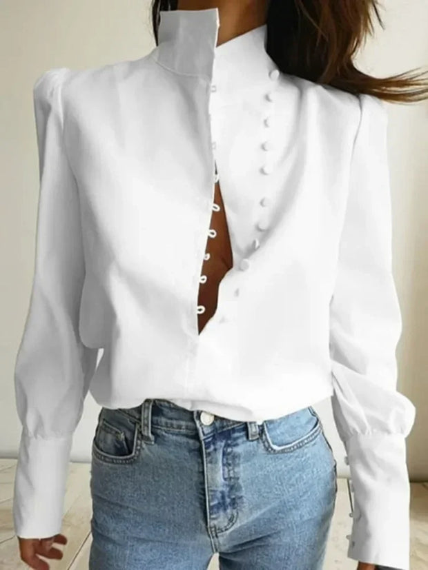 Chic High-Neck Satin Blouse - Classic White