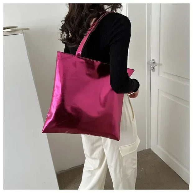 Shiny Metallic Leather Tote  Bag