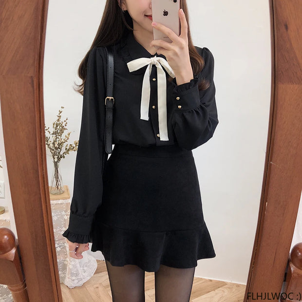 Bow Tie Long Sleeve Blouse Top