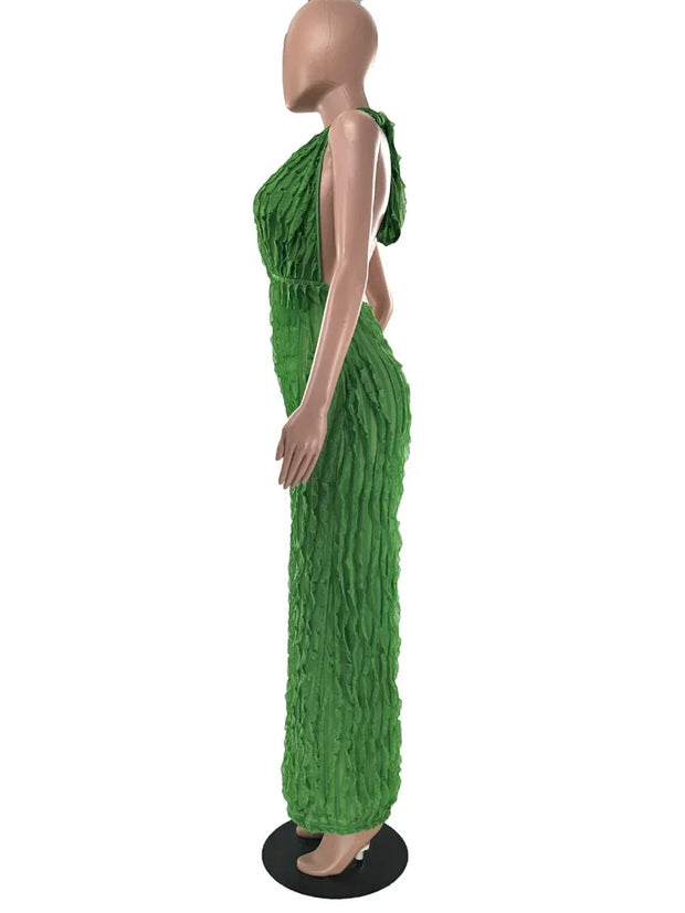 Plunge Neck Textured Maxi Jumpsuit