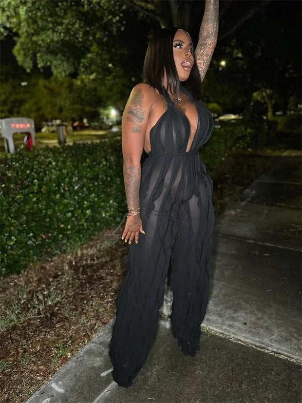 Plunge Neck Textured Maxi Jumpsuit