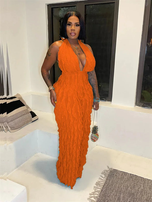 Plunge Neck Textured Maxi Jumpsuit