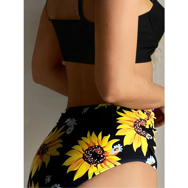 Sunflower Print High-Waist Bikini Set