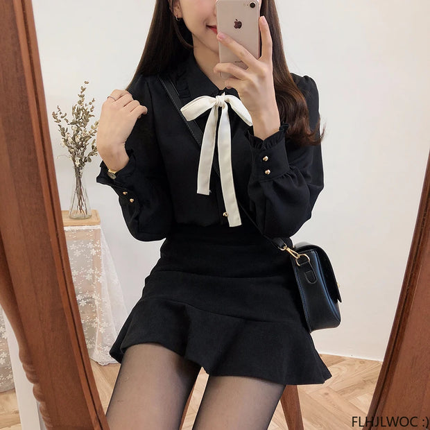 Bow Tie Long Sleeve Blouse Top