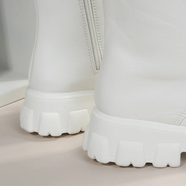 Boots Women 2022 Autumn Winter PU Leather White Ankle Boots Motorcycle Botines Female Chunky Heels Platform Boots Botas Mujer