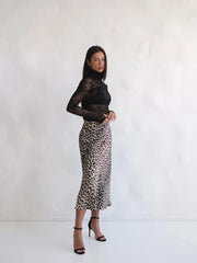 Vintage Leopard Print Satin High-Waist Skirt