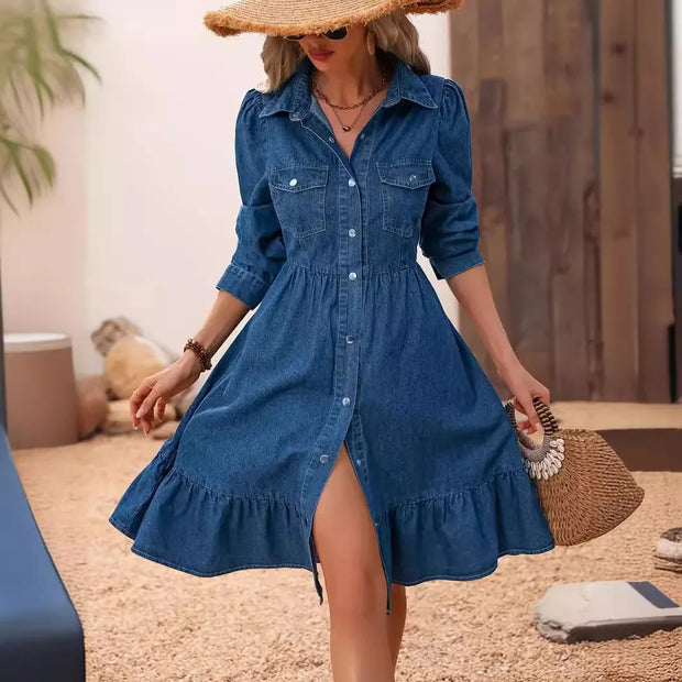 Fashion Ruffles Women Blue Denim Dress