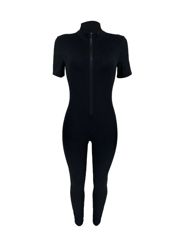 Curve-Hugging Zip-Front Casual Jumpsuit