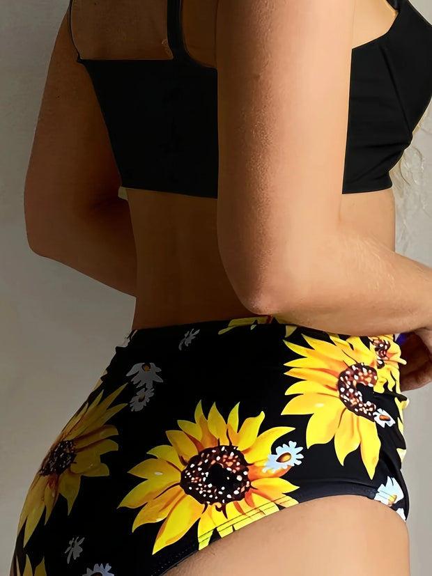 Sunflower Print High-Waist Bikini Set