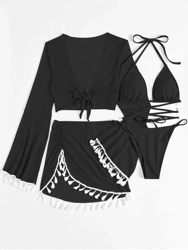 Tassel Tie Bikini Set with Cover-Up