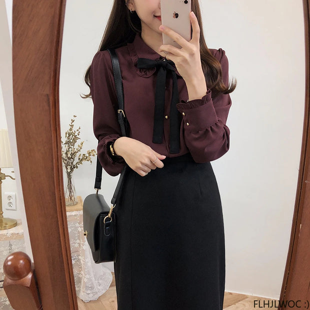 Bow Tie Long Sleeve Blouse Top