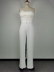 Women Jumpsuit Feather Tube Top Sexy Evening Party Jump Suits Sleeveless High-waisted Straight Playsuits Night Clubwear Overalls