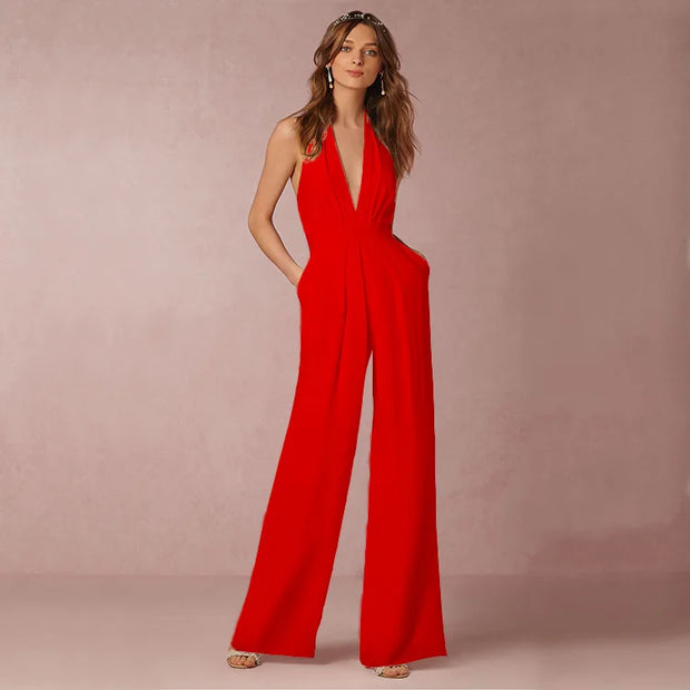 Jumpsuits Women Sexy Playsuits Deep V-neck Sleeveless Halter Neck Backless High Waist Wide Leg Jumpsuit Elegant Party Banquet