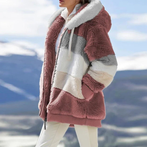 Colorblock Cozy Hooded Plush Jacket