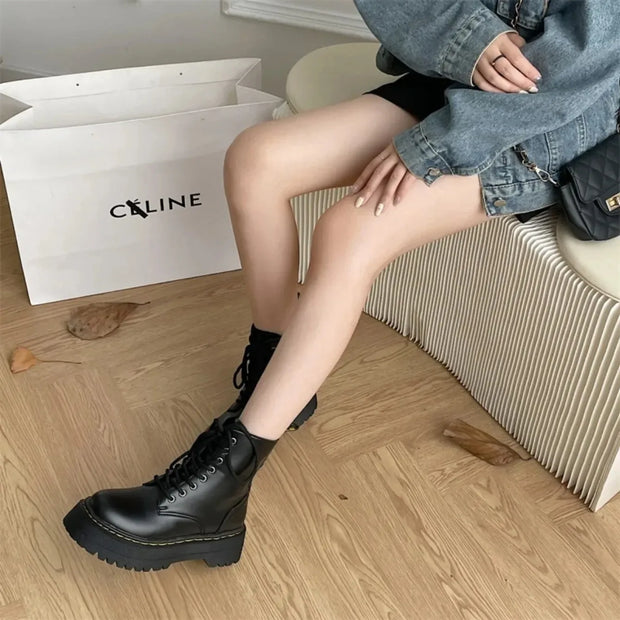 Women Boots Goth Casual Shoes Woman Leather Chelsea Classic Motorcycle Female Goth Shoes High Platform Boots Women Botas Mujer