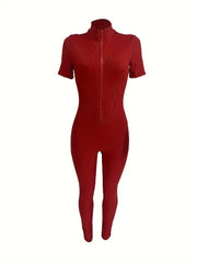 Curve-Hugging Zip-Front Casual Jumpsuit