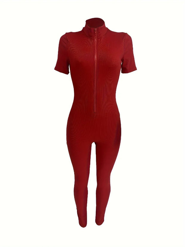 Curve-Hugging Zip-Front Casual Jumpsuit
