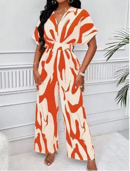 Abstract Print V-Neck Wide Leg Jumpsuit