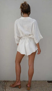 Women's Jumpsuit Spring/summer New Style With Collar Mid Sleeves Waist Strap Fashionable Loose Short Style Solid Color Jumpsuit